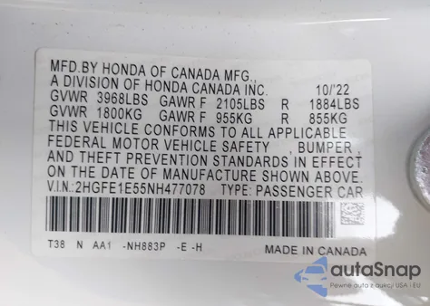 2022 Honda Civic Si Sedan из США, поврежденный, VIN 2HGFE1E55NH477078